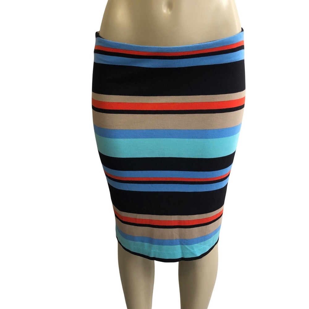 Vintage Y2K Lord & Taylor Multi Stripe Knit Bandage Pencil Skirt Size 6 Blue Tan